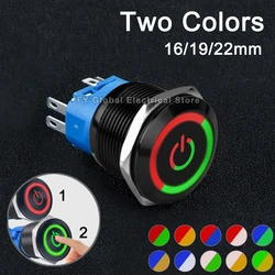 16/19/22mm Two Color Waterproof Metal Push Button Switch Power Symbol Momentary Latching Machine Start 5V 12V 24V 220V Red Blue