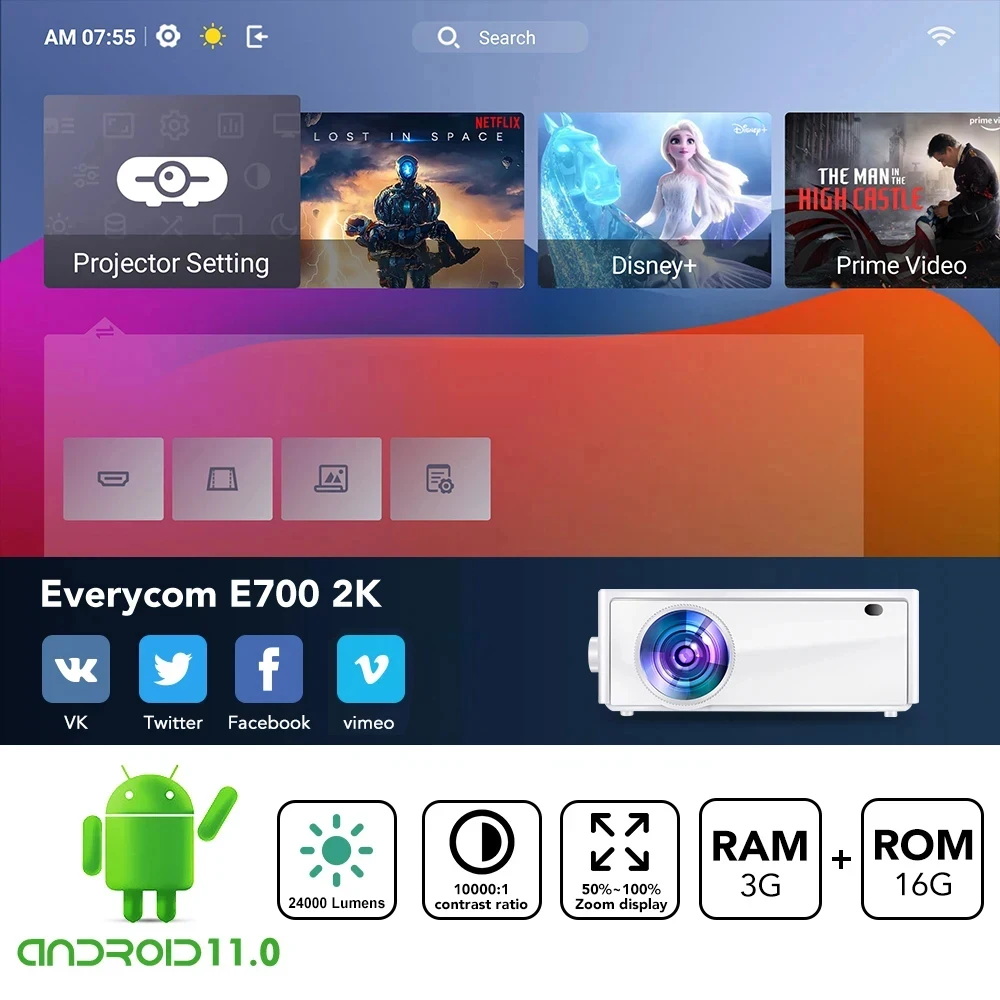 Everycom E700 2K 2560x1440p Beam Projector 4K 24000 Lumens Android 11 مسرح الأفلام المنزلي مع 3 + 16G 5G WIFI المحمولة متعاطي المخدرات