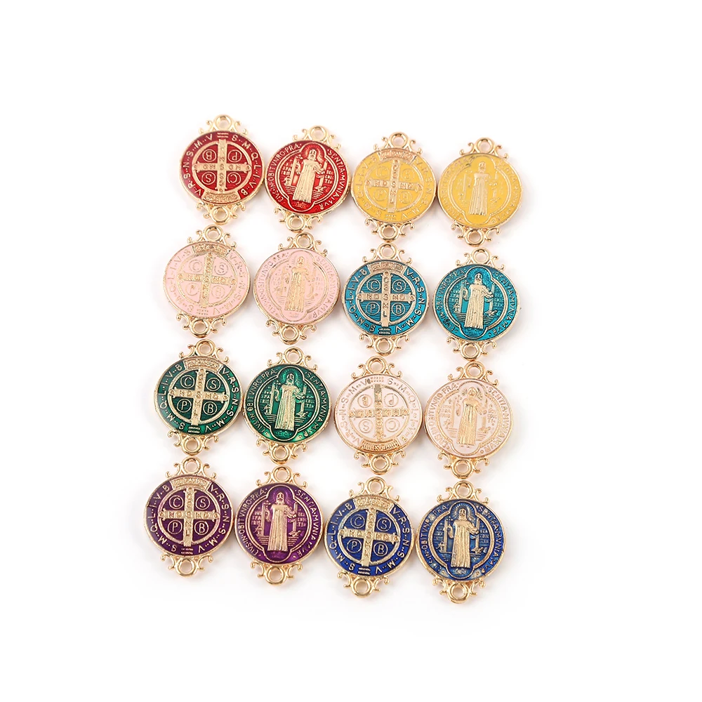 30Pcs  Fancy Mini Saint Benedict Double Sided  Pendants With 2 Vertical Holes Medalla San Benito