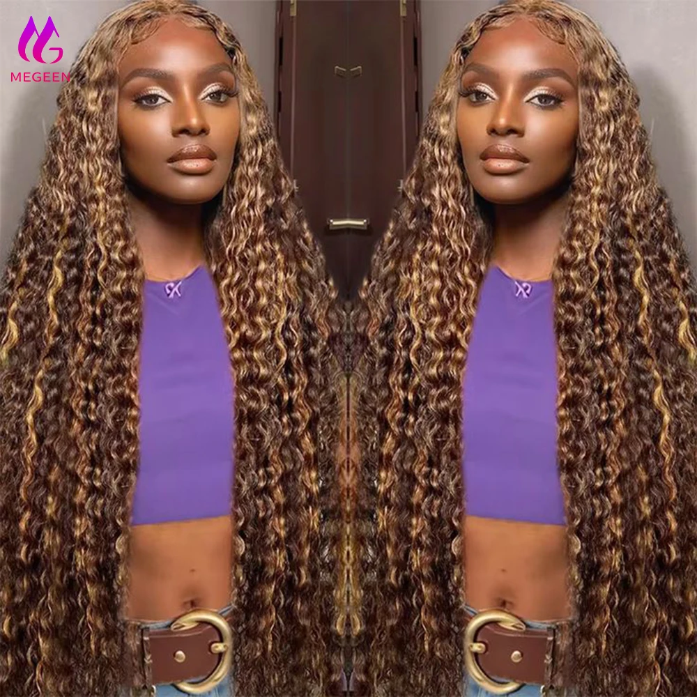 Megeen 13X 4 кружевной передний парик P4/27 хайлайтер прозрачный кружевной передний парик волнистый парик человеческие волосы медовый блонд Омбре цветной парик