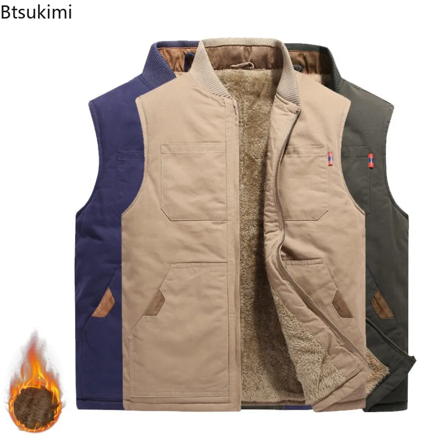 

New Men's Cotton Thickened Vests Autumn Winter Baseball Neck Zipper Sleeveless Jackets Male Outdoor Casual Padded Waistcoats 6XL