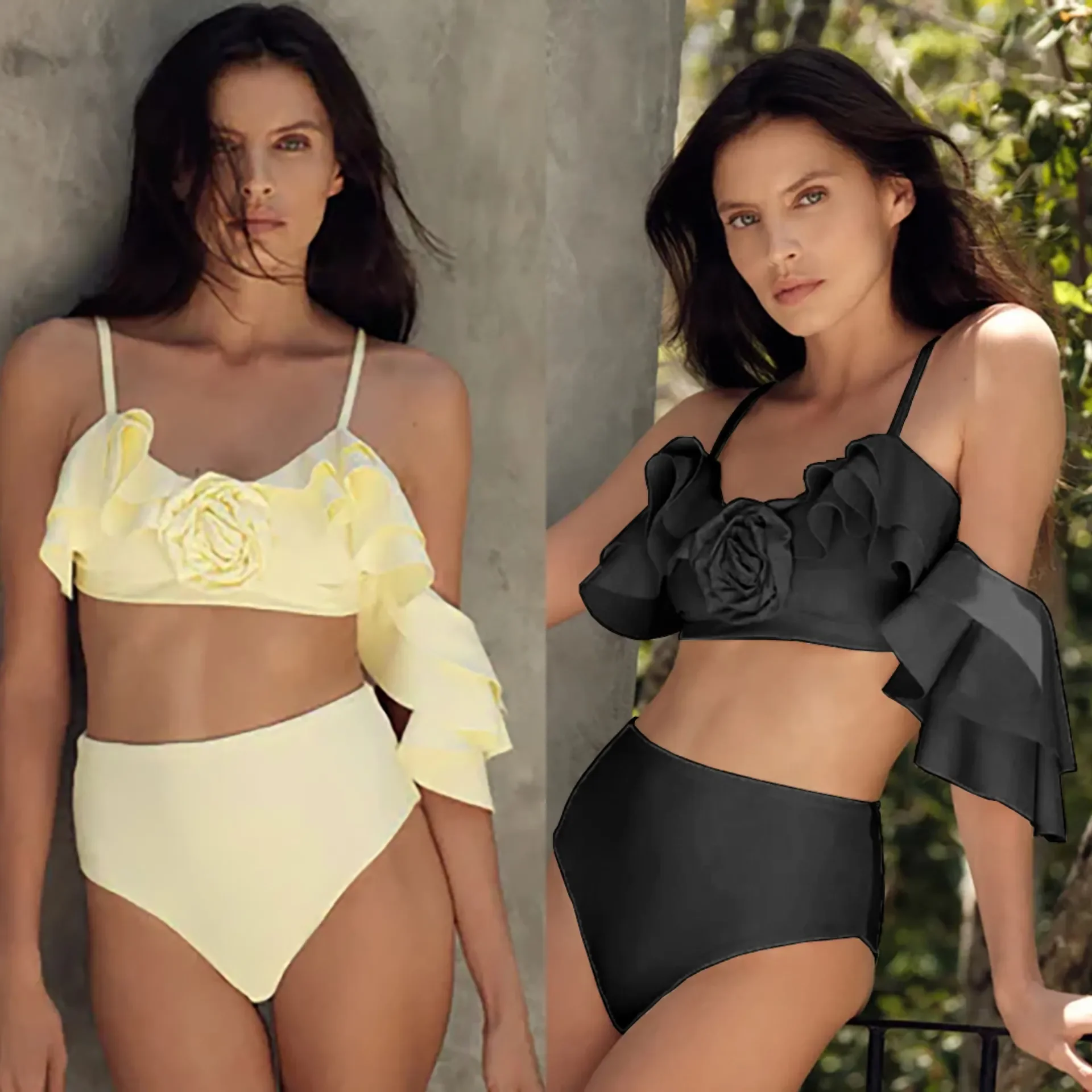 Irregular Flanged Single Shoulder Sleeve Strap High Waist Solid Color Separate Swimsuit Women 2024 New Bikini