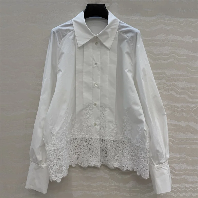 Women's shirt 2026 summer new single breasted slim fit women's long sleeved top Lace patchwork lapel Women's blouse women's tops