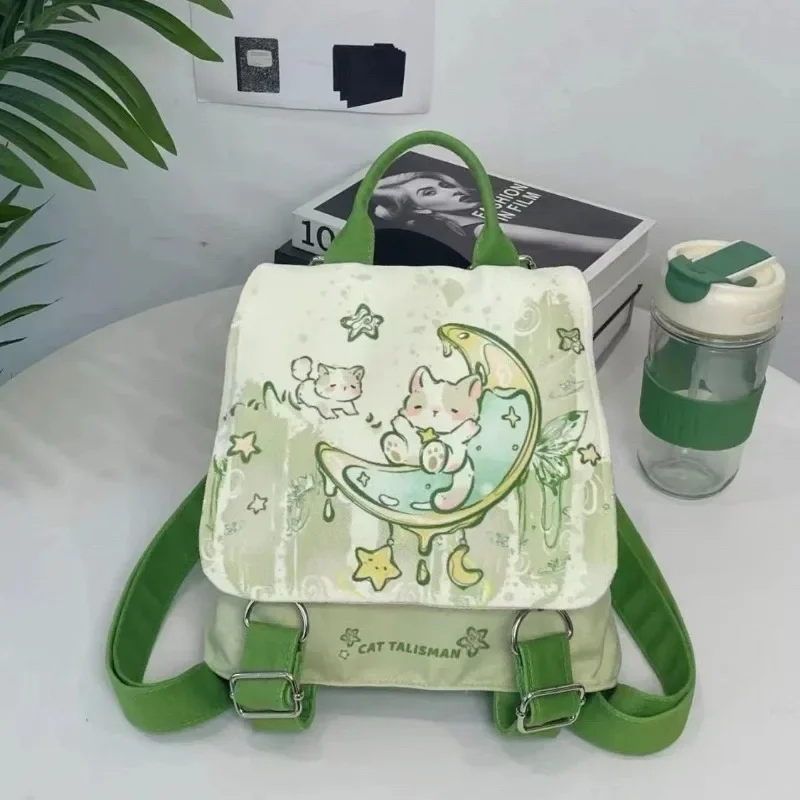 MBTI Cute Cartoon Womens Backpack Green Fashion Cartoon Print Casual Bags Kawaii Canvas Zips Female Backpack Trend 2024