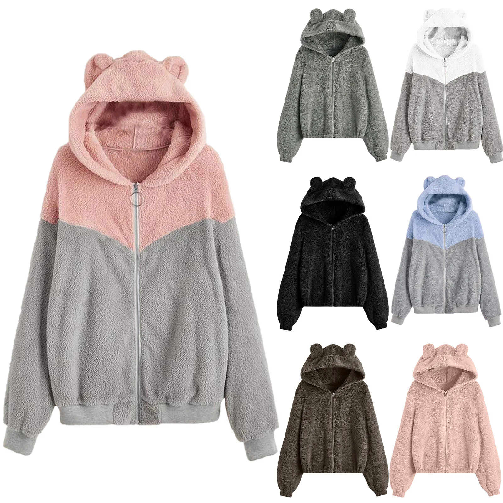 

Autumn New Fashion Color Blocked Women Hooded Knitted Plush Cardigan Casual Loose Female Cute Jacket