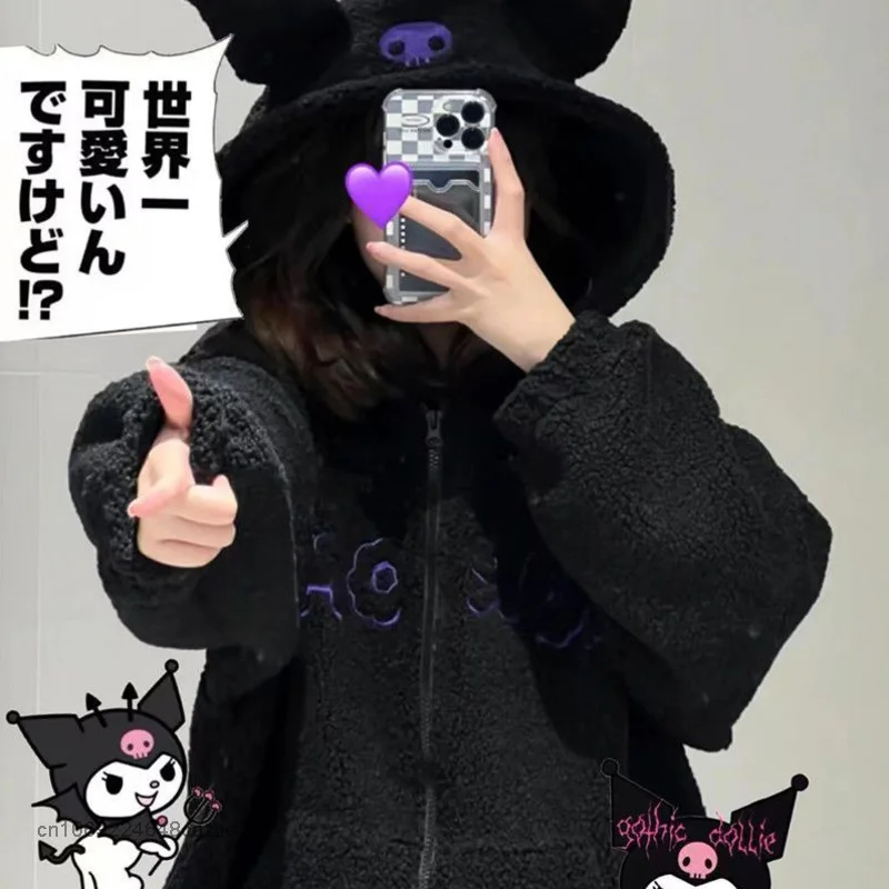 Sanrio Kuromi Plush Warm Sweater Embroidery Hooded Lamb Fleece Autumn Winter Coat Y2k Sweet Girls Chic Loose Clothes For Women