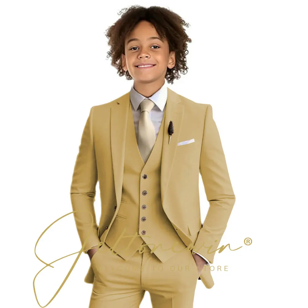 Beigefarbener Slim-Fit-Anzug für Jungen, 3-teiliges Set für Hochzeit, Abschlussball, Abendessen, Party, Kinderuniform, individueller Smoking, Blazer, Weste, Hose