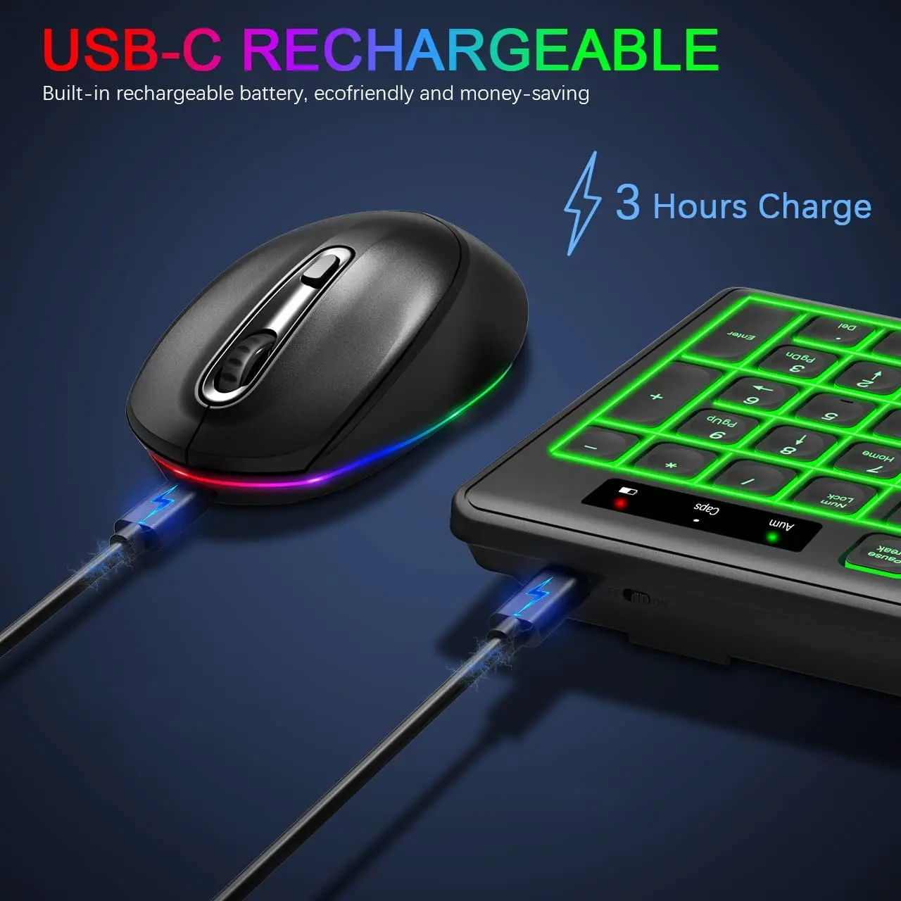 Ultra Thin Rechargeable Wireless Keyboard and Mouse Combo with Colorful RGB Backlight and Long Battery Life for Home Office