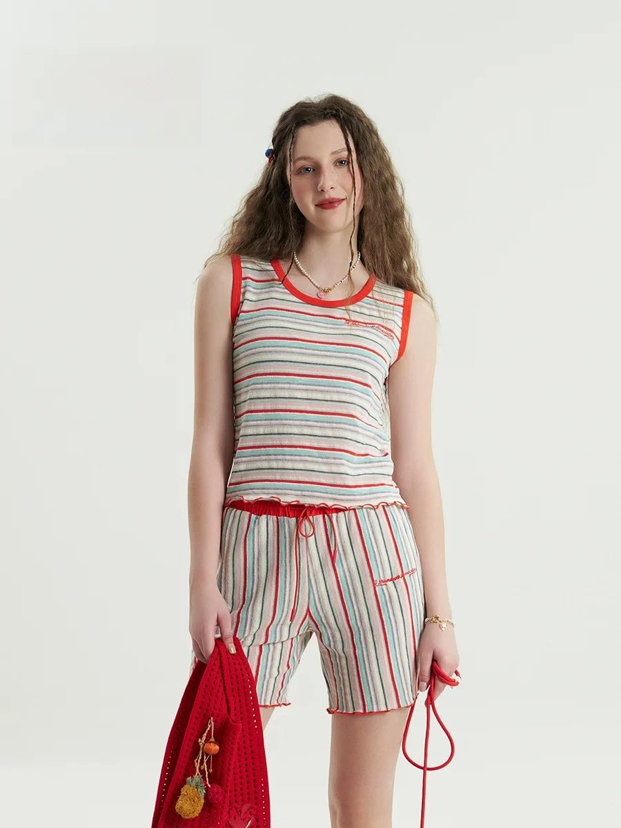 

AHA Love Роскошный цветной полосатый летний спортивный жилет с вышивкой, брюки, комплект футболок, женский модный наряд, хлопок...