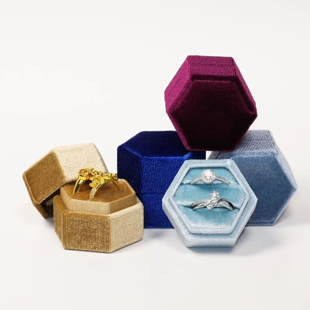 Light Luxury Velvet Hexagon Vintage Ring Box Elegant High-End Ring Storage Box Mini Soft Ring Packaging Box Gift
