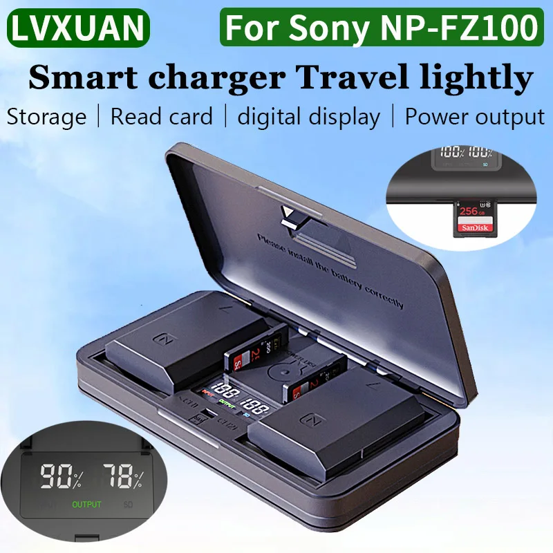 NP-FZ100 Battery Digital Charger with SD Card Reading Function, for Sony FX30 A9 II, A7R III, A7R IV/ V, A7S III, A6600, FX3