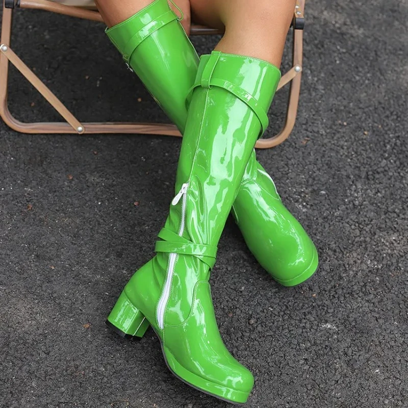 Plus Size Glossy Patent Leather Material Zipper Sleeve Boots Tube Buckle Fixatio Knee High Boots Thick Heel Plush Lining New
