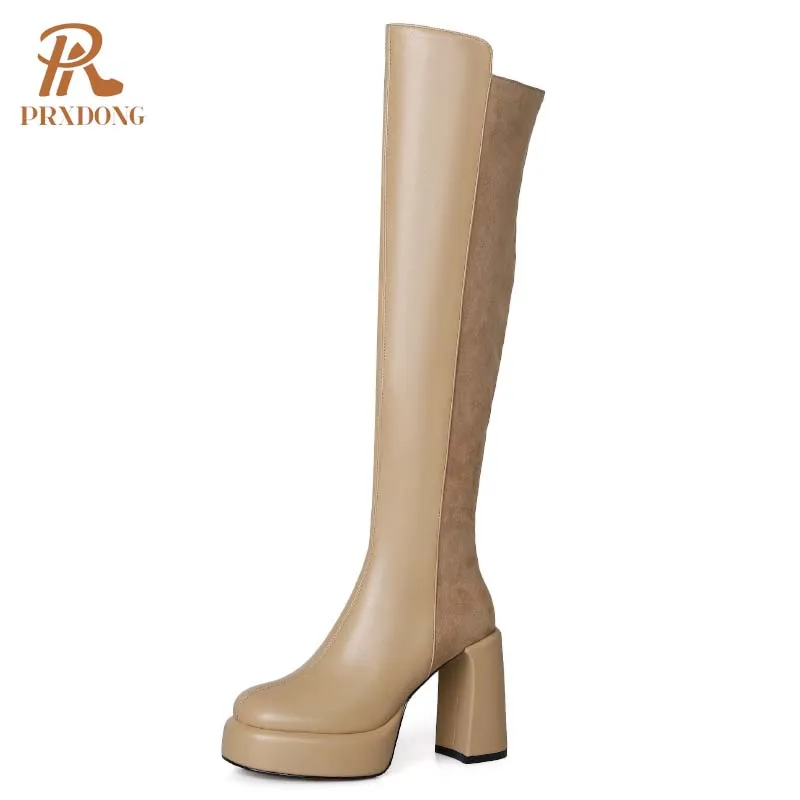 

PRXDONG INS 2024 New Fashion Women Shoes Autumn Winter High Heels Thick Platform Black Apricot Dress Party Knee High Boots 34-39