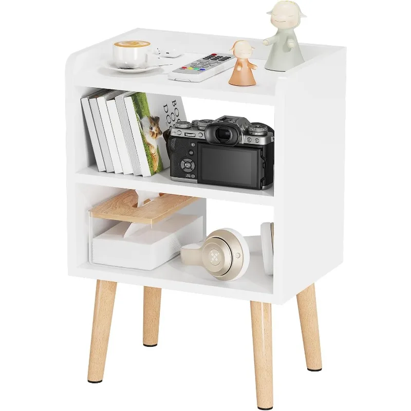 

Mid Century Modern Nightstand, White Wood Bedside Table, 3 Tier Tall End Side Table with Open Storage Shelves