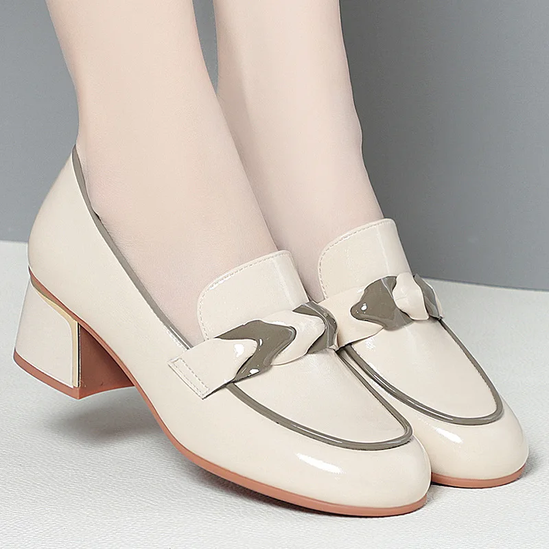 Spring Deep Mouth Thick Heel Loafers Women Autumn New Soft Leather Shoes Slip-on Pedals British Style Fashion Shoes  Grace