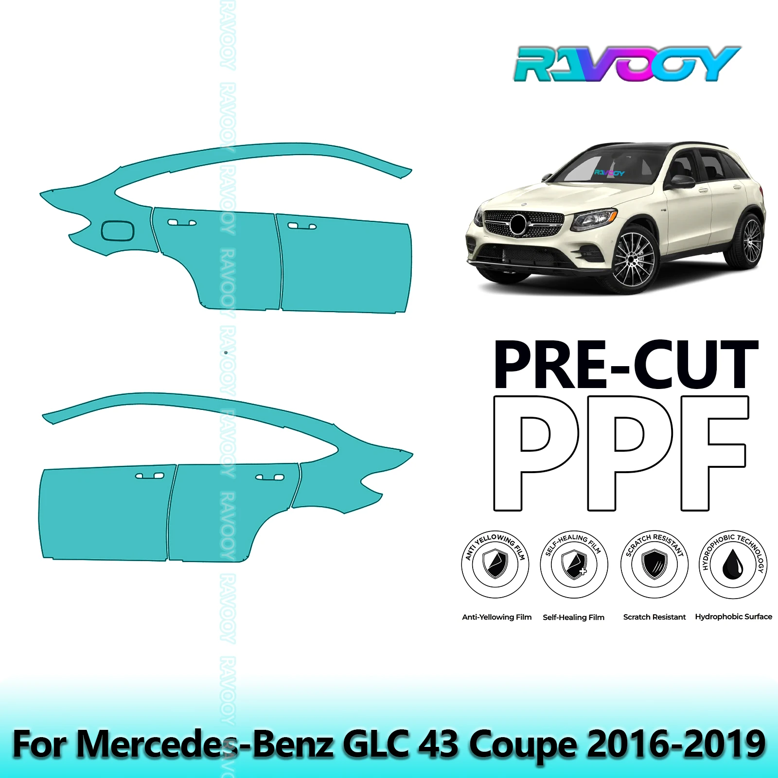 

For Mercedes-Benz GLC 43 Coupe 2016-2019 8.5mil Clear Matte Pre-Cut PPF Door & A/B Pillar Kit TPU Paint Protection Film Set