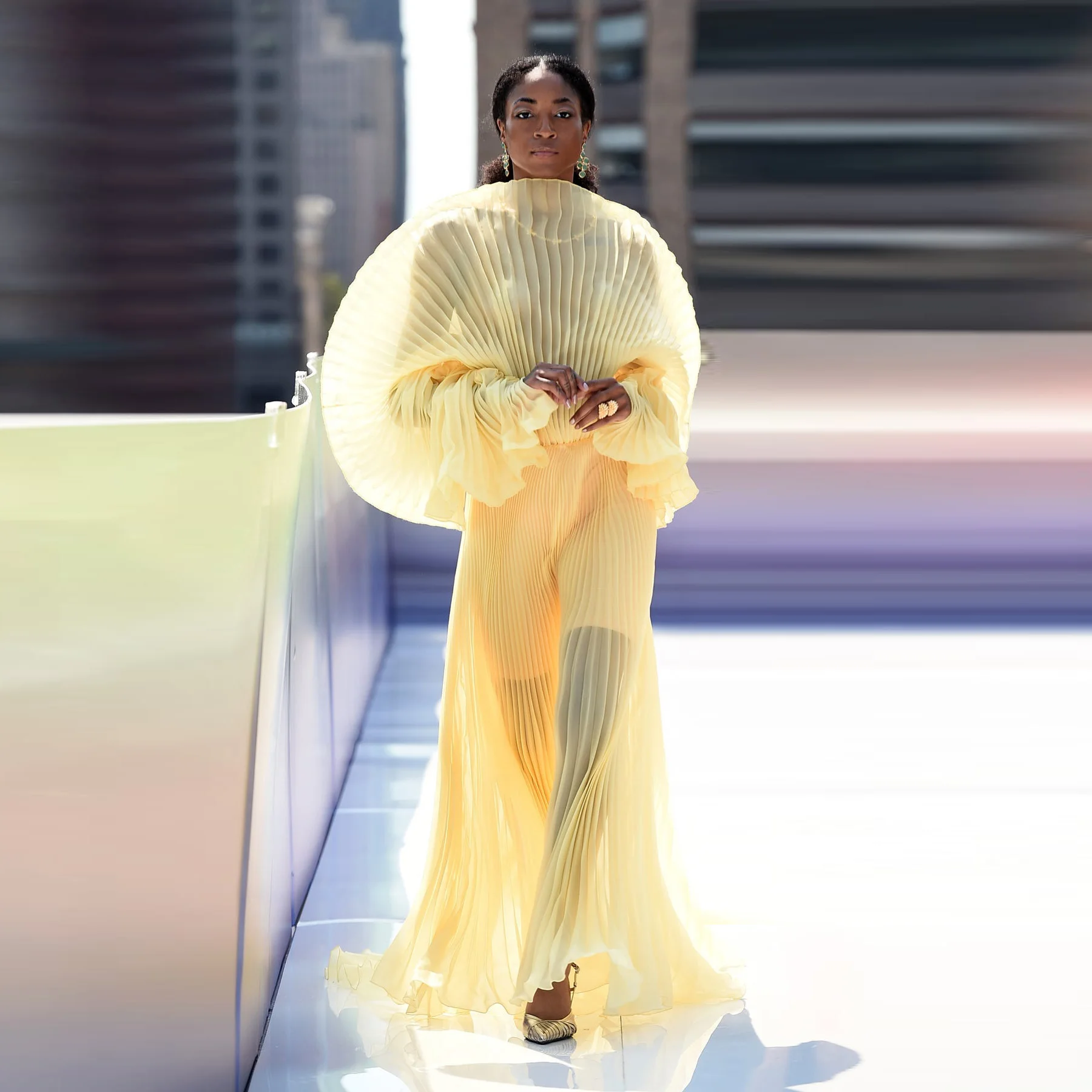 Light Yellow Gowns Pleated Draped Sheer Transparent Maxi Dress Puff Sleeves Long Formal Dresses Organza Floor Length