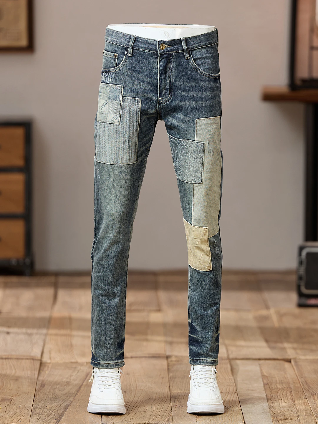

Стильные мужские джинсы-мотоциклетки в стиле пэчворк, ретро, винтажные, из хлопкового стрейч-денима, со средней посадкой, облегающие, износостойкие, для осеннего сезона