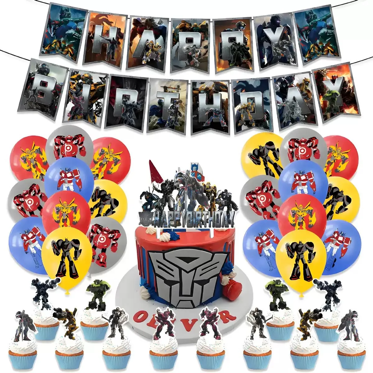 Transformers Geburtstagsbanner, Helden-Dekoration, Kuchen, Jungenparty, Hintergrunddekoration-Set, Fahnenständer, Latexballon