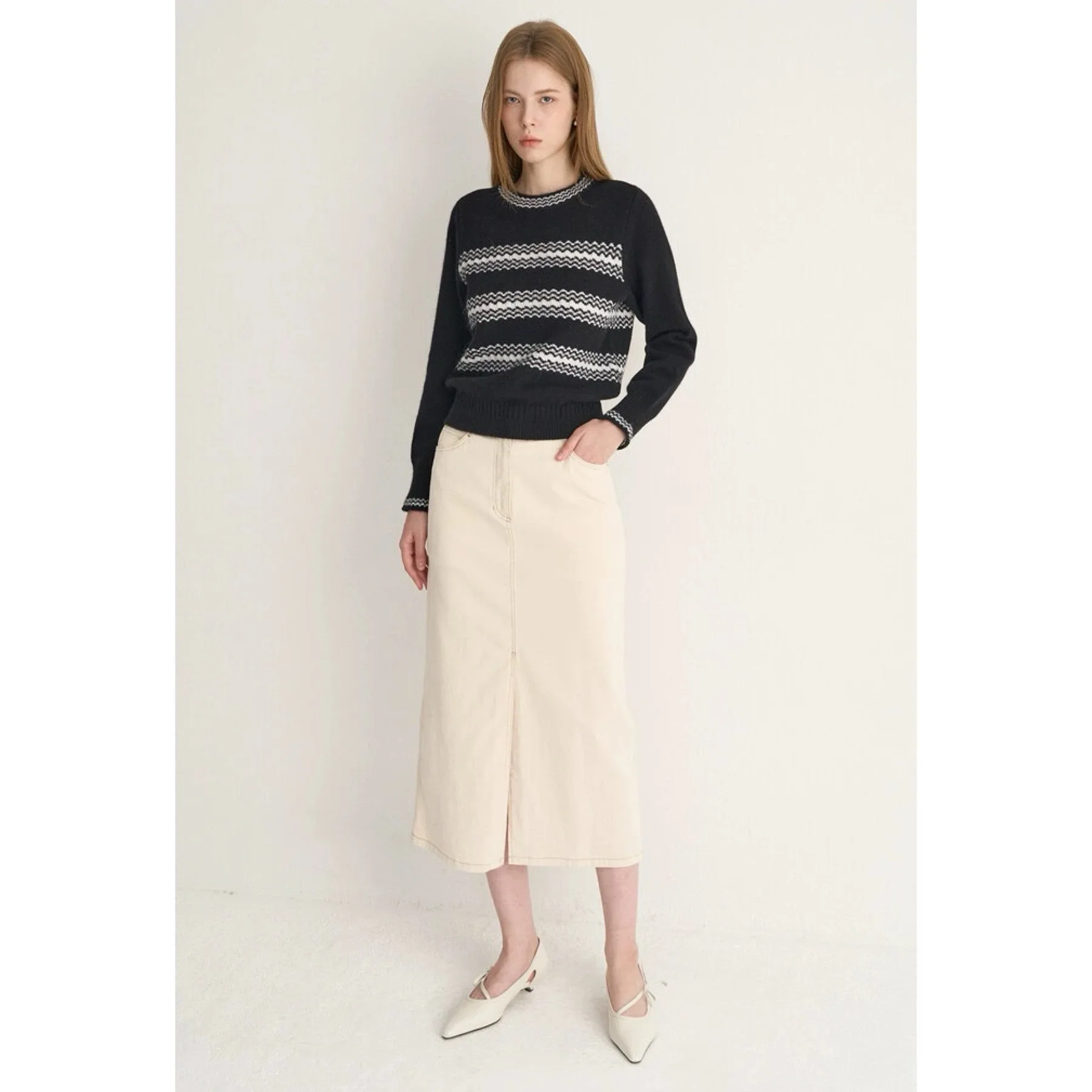 Queso de limón MIN25 Invierno Faionable Versátil redondo Ne Wave Stripe Suéter de punto de lana adelgazante Mujer Commute Sle Lo...