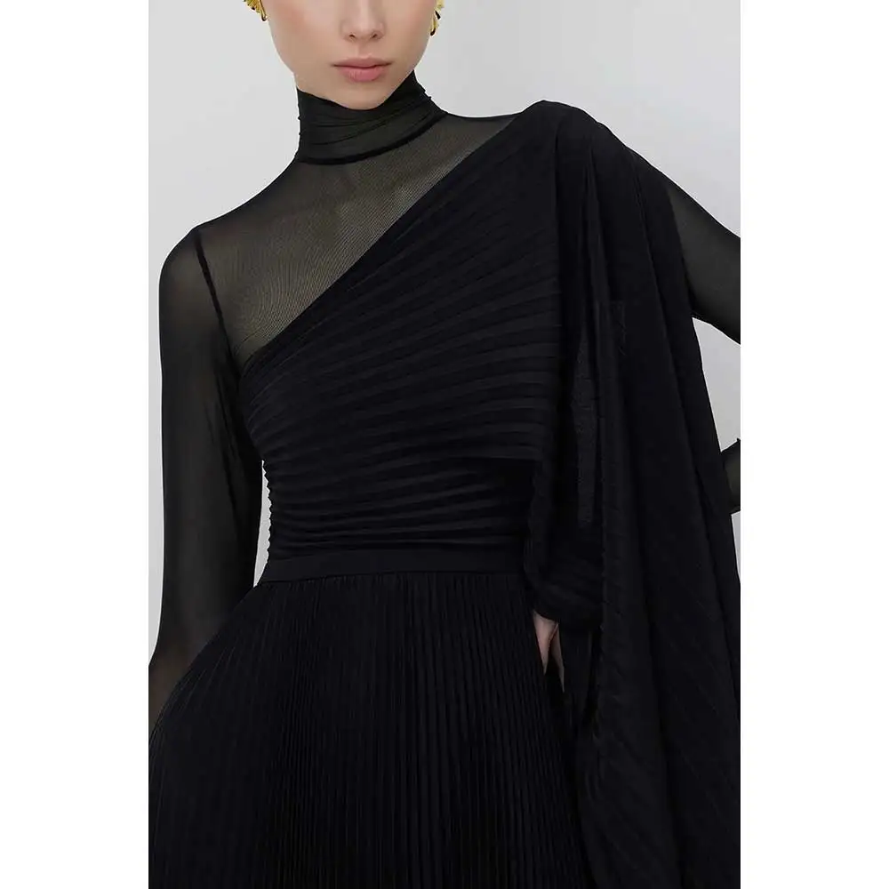 YUMDAI Gothic Black Tulle Blouse A Line Evening Gown 2024 Women\'s Special Occasion Formal Party Long Sleeve Pleated Midi Skirt