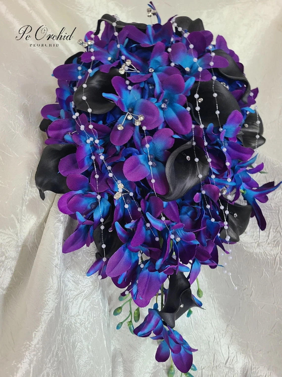 PEORCHID Artificial Wedding Flowers Orchid Cascading Bridal Bouquet Galaxy Purple Blue Faux Black Calla Lily Bridesmaids Bouquet