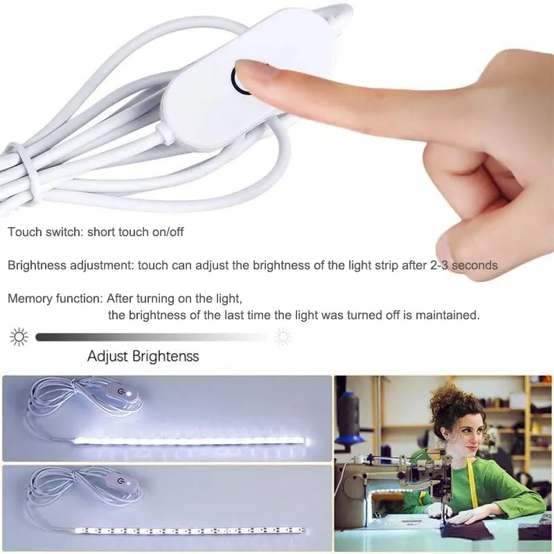 1M/2M/3M LED Sewing Machine Light Strip Waterproof SMD 2835 White USB 5V Powered With Touch Switch Lighting Strips For Cabinet