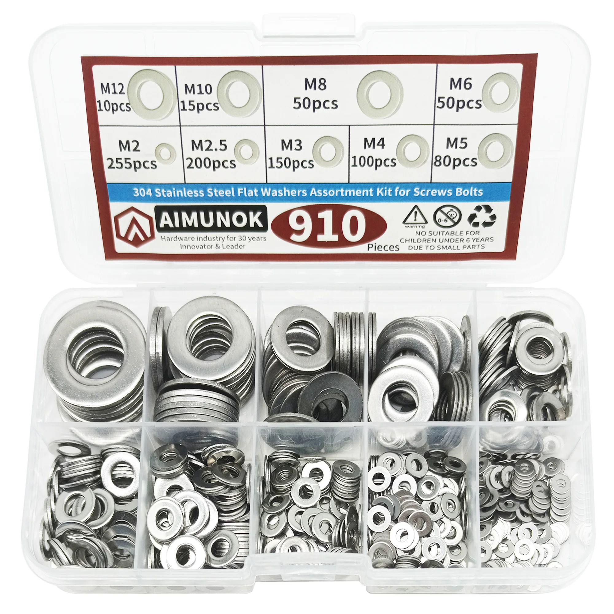 910 Pieces 9 Sizes 304 Stainless Steel Flat Washers Assortment Kit (M2 M2.5 M3 M4 M5 M6 M8 M10 M12) Suitable for Home Decoration