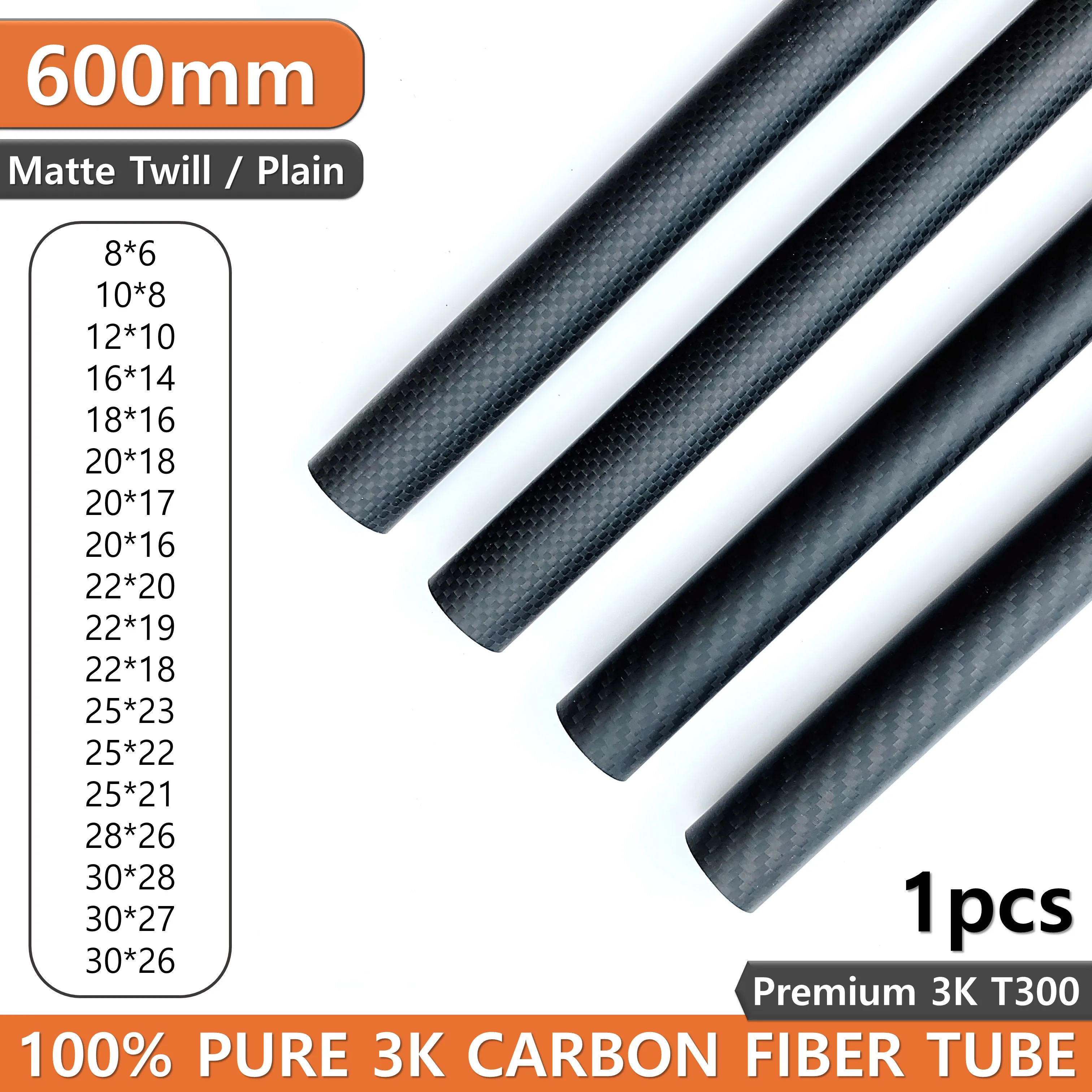 1Pcs 600mm Carbon Fiber Tube 3K Hardness Composite Material OD 8mm 10mm 12mm 16mm 18mm 20mm 22mm 25mm 30mm Matte Twill Weave