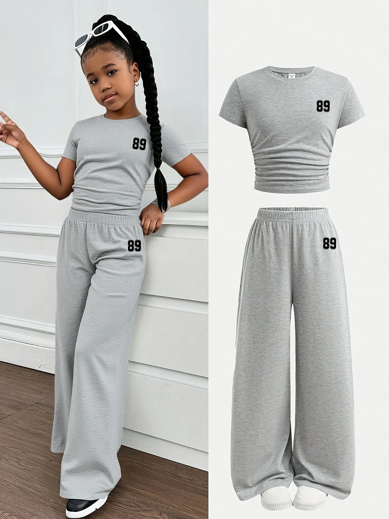 Trendy Girls 2Pcs Grey Co-ord, Minimalist 89 Logo Ruched Crop Tee & Loose Wide Leg Trousers for Street & Daily Wear