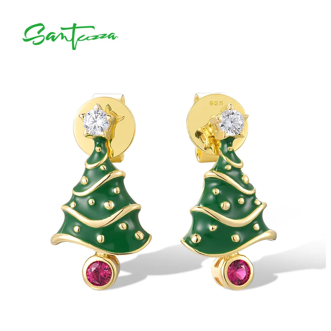 

SANTUZZA серьги из стерлингового серебра 925 пробы для женщин, красные камни, белые CZ, рождественская елка, подарки для вечеринки, изысканные милые ювелирные изделия, эмаль ручной работы