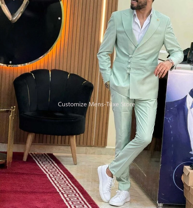 Light Green Men‘s Solid Suit 2 Piece Single-Breasted Business  Custom