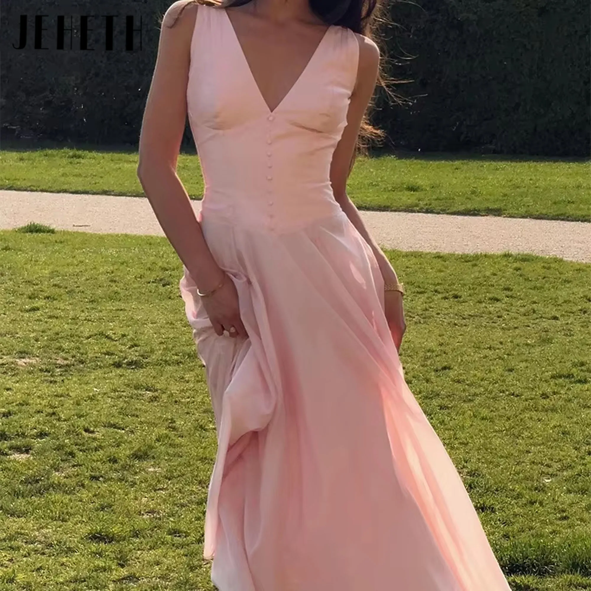 

JEHETH Elegant Long A-Line Simple Evening Dresses Sleeveless V-Neck Formal Dresses for Women Elegant Prom Gowns Customized