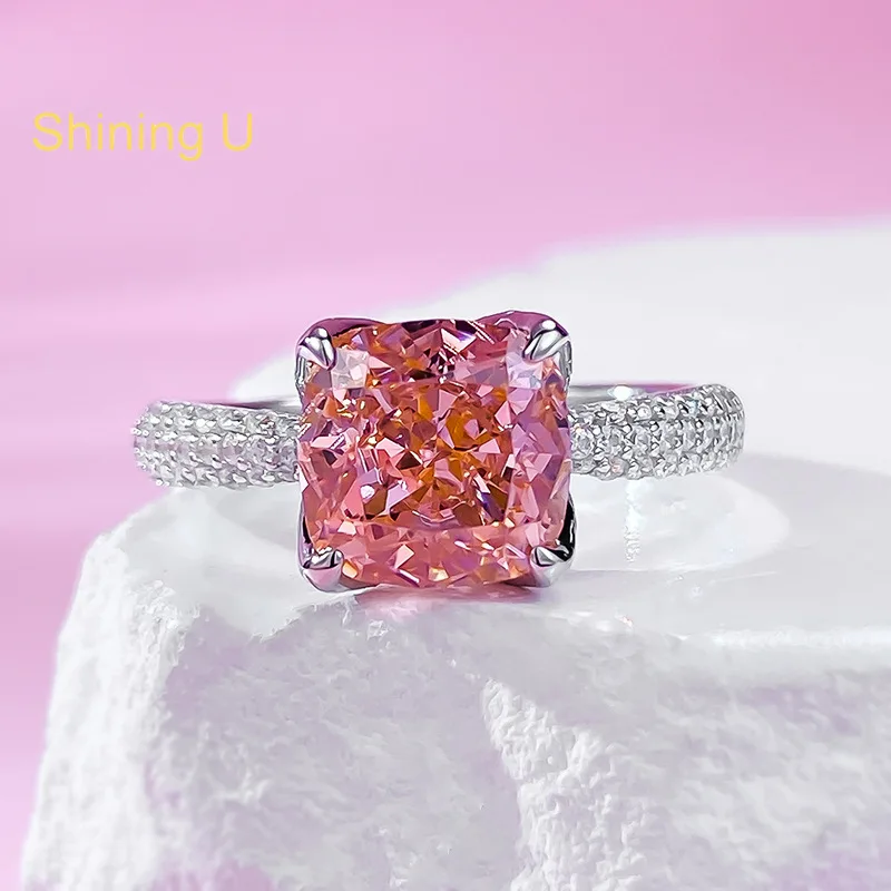 

Shining U S925 Silver 8*8mm Pink Cushion High Carbon Daimond Gems Ring for Women Fine Jewelry Engagement