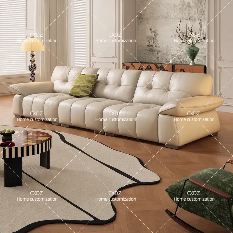 Dinglicheng leather sofa full blue first layer cowhide French retro cream style living room straight row mansion villa