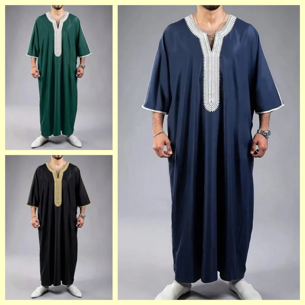 

New Arrival in 2025! Arabic Medium - Short - Sleeved Embroidered Robes, Dark Blue Men's Muslim Style Fully Displayed.