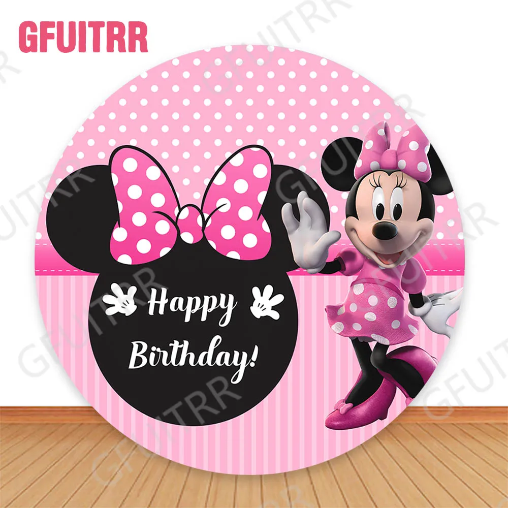 Minnie Mouse Birthday Round Backdrop Girls Party Decoration Cylinder Covers Baby Shower Circle Covers Photo Background