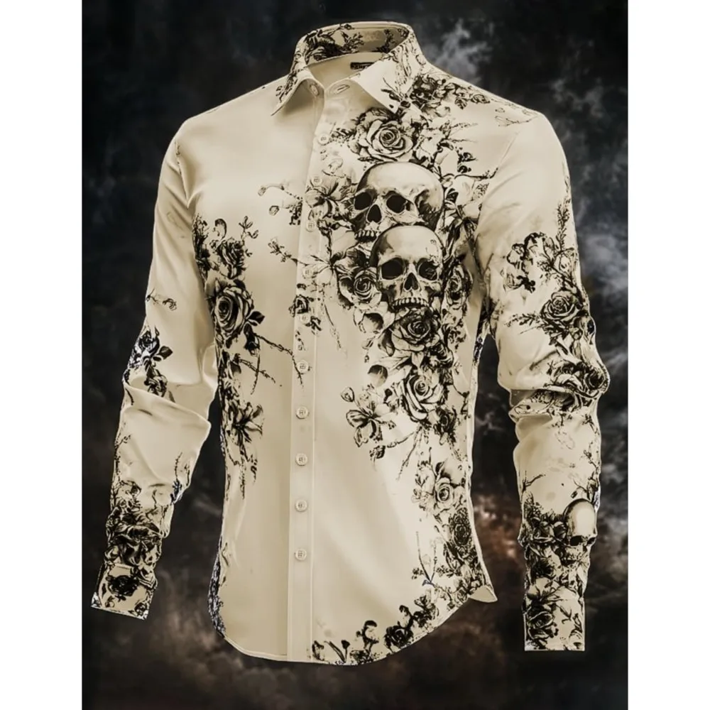 Męska koszula w paski z grafiką, nadrukiem czaszki, streetwearowa, outdoorowa, z długim rękawem, zapinana na guziki, modna odzież uliczna, prosty i stylowy design.