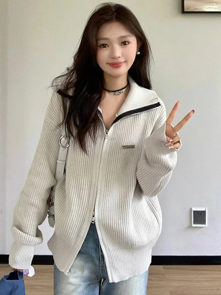 

Американский вязаный свитер-пальто на молнии, женский, свободный, в стиле «ленивый шик», с V-образным вырезом, однотонный, осенне-зимний, высококачественный, повседневный...