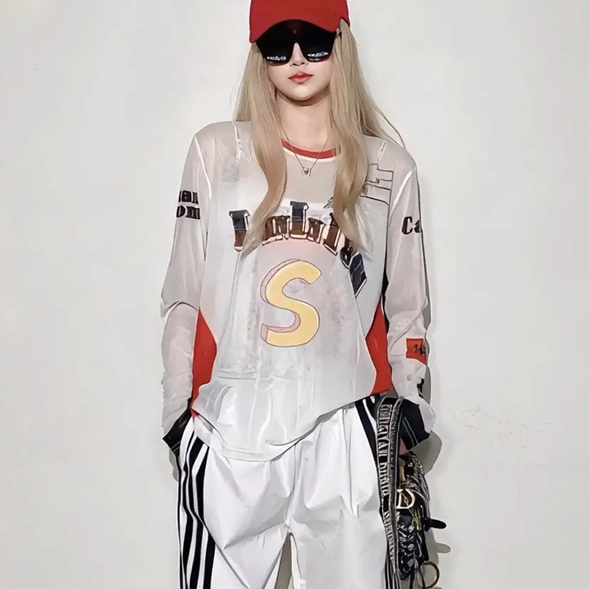 Y2K Streetwear Mesh Top Women Vintage Sport Letter Print Long Sleeve T-Shirt Summer Loose See Through Sun Protection Blouse Chic