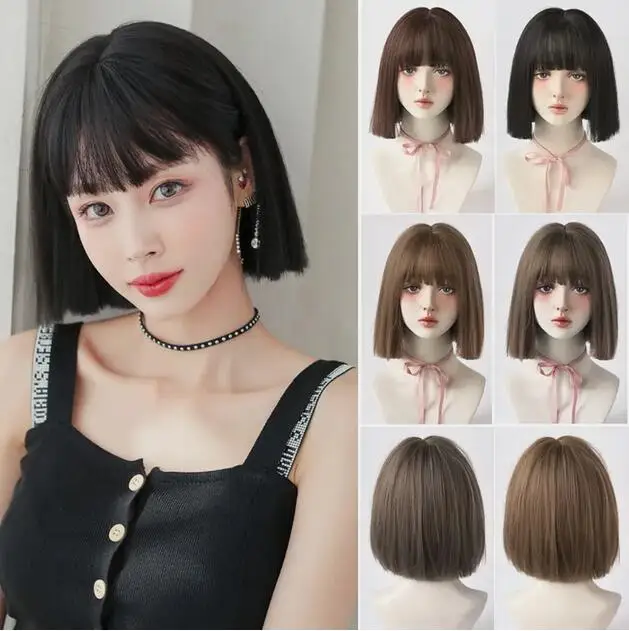 

Womens Short Straight Bob Hair Air bangs Fashion Party Cosplay Full Wig