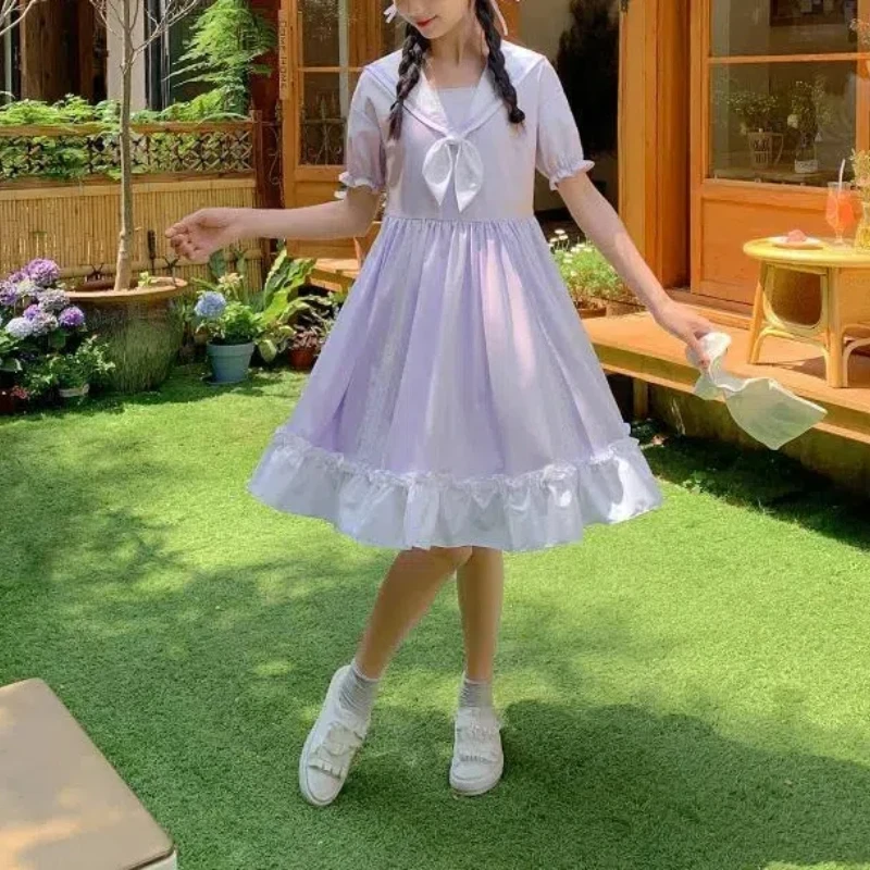 

Preppy Style Sailor Collar Bow Sweet Age Reduction Summer New 2024 Female Clothing Butterfly Sleeve Lace A-Line Princess Dress