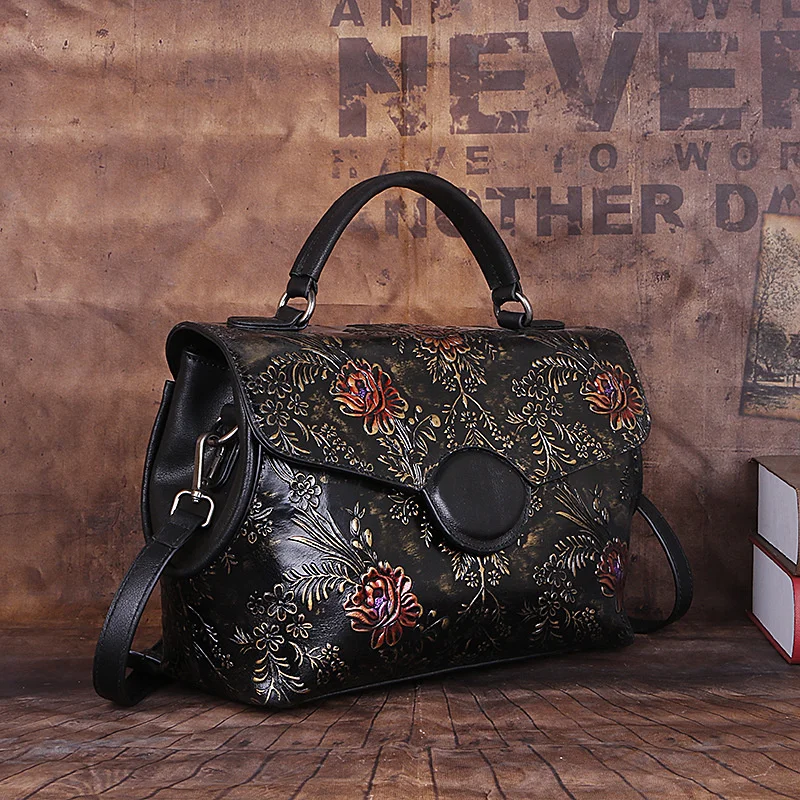 Genuine Leather Vintage Women Shoulder Bag 2024 New Handmade Embossed Cowhide Handbag For Ladies Chinese Style Women Bag