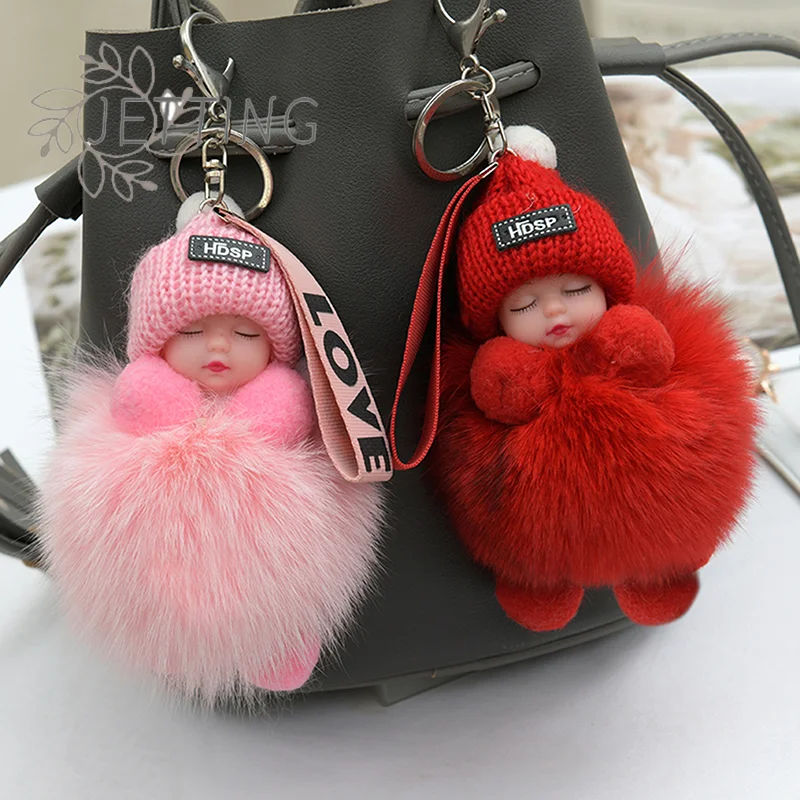 ホットポンポン寝ている赤ちゃんキーホルダーかわいいふわふわぬいぐるみキーホルダー女性ガールバッグキーリング車のキーリングギフト魅力的な装飾