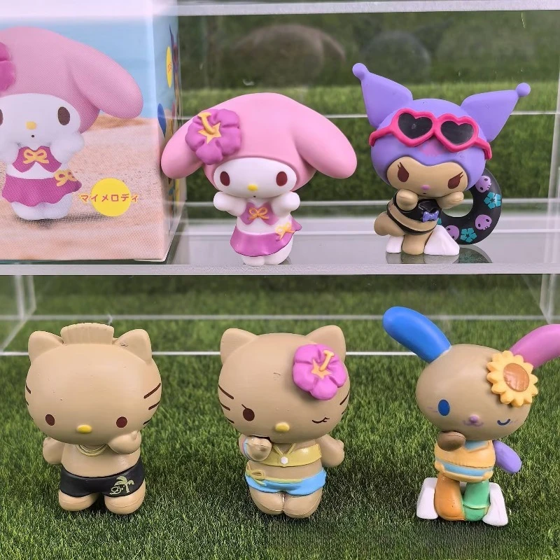 ฟิกเกอร์อนิเมะซานริโอ เฮลโลคิตตี้ คุโรมิ แมวเคทีผิวสีดำ เมโลดี้ ซีรีส์วันหยุดพักผ่อนริมทะเล กล่องสุ่มของเล่นตกแต่ง ของขวัญสำหรับเด็ก