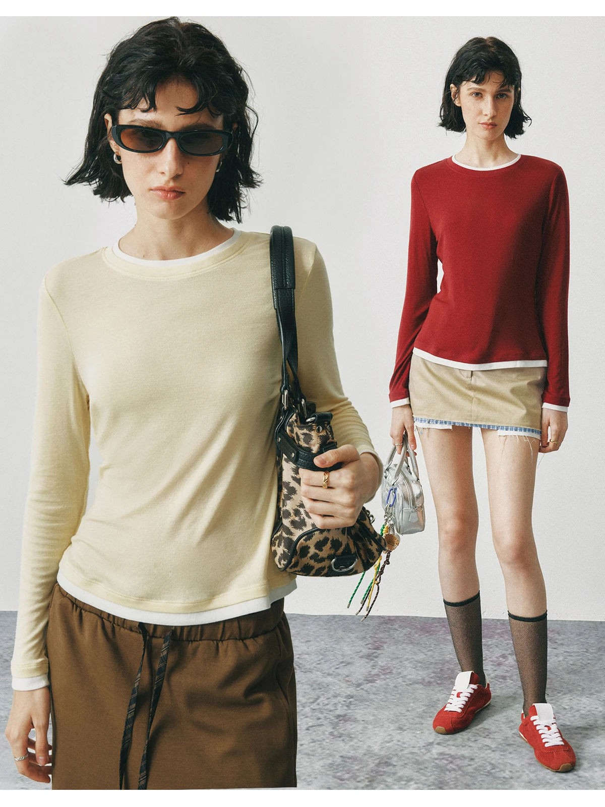 

Женская облегающая трикотажная футболка из шерсти Ry, удобная, приятная для кожи, универсальная, с искусственным дизайном из двух частей, длинный круглый топ