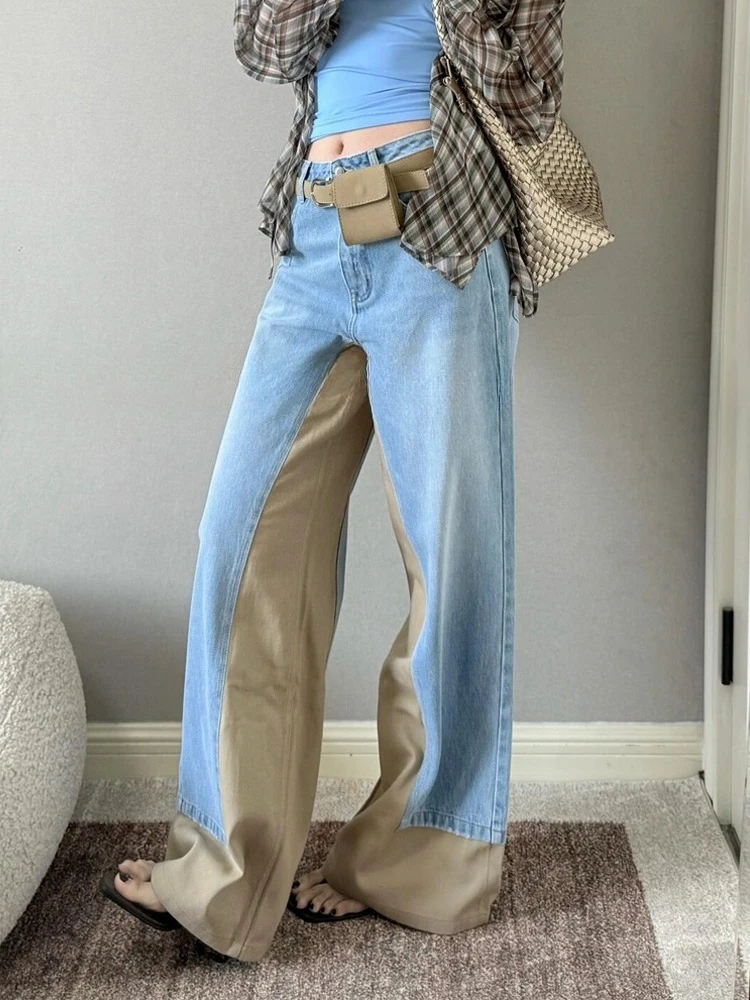 

American style retro washed ice blue patchwork jeans spicy girl design sense khaki twill wide leg floor length pants