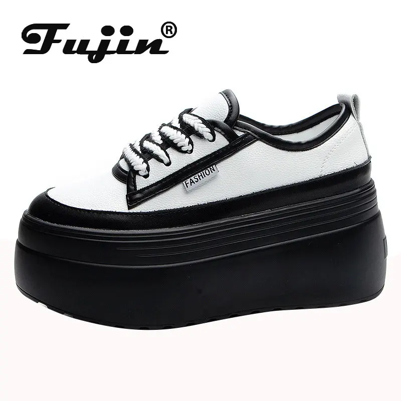 

Fujin 9cm Cow Genuine Leather Autumn Summer Spring Platform Wedges Vulcanized Lace Up Casual Women Chunky Sneakers Lady Shoes