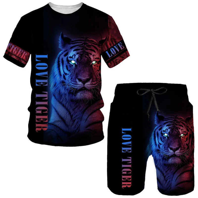 Summer Fashion Tiger 3D Print T-Shirts Shorts Sets Men\'s Tracksuits Oversized Short Sleeve T Shirt Pants Set Man Suits Clothing