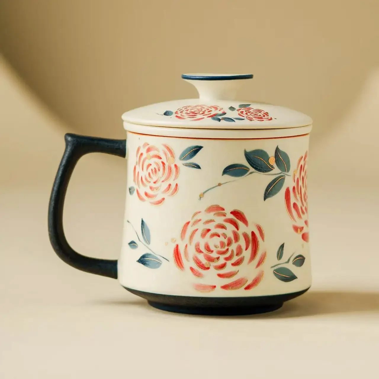 Bronzing Rose Ceramic Cup Household Teacup Drinking Water Mug Office Covered TeaCup Tea Separation Cup Tea Maker Tool Decoration